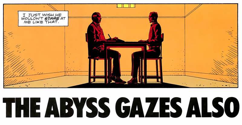 Dr. Malcolm Long meets Walter Kovacs in Watchmen #6.